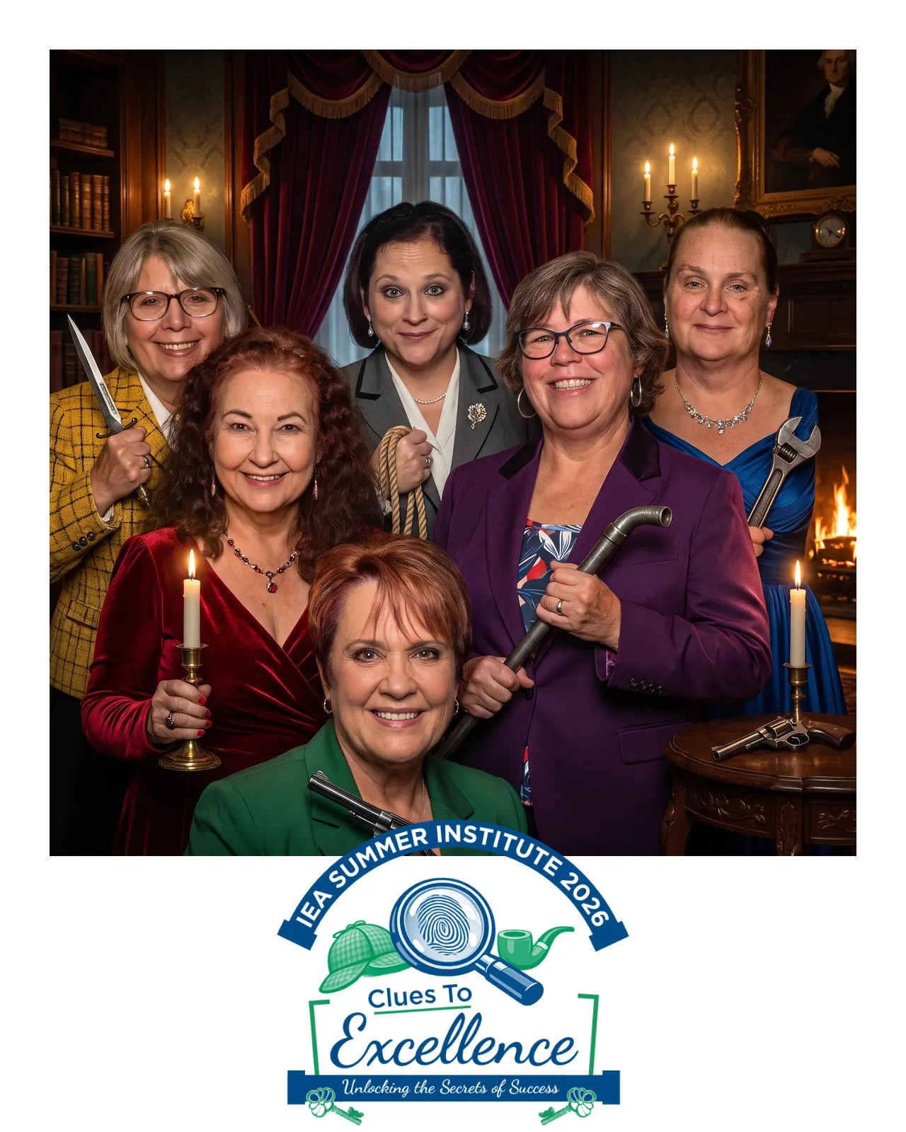 AI-enhanced photo of a group of women dressed as Clue characters