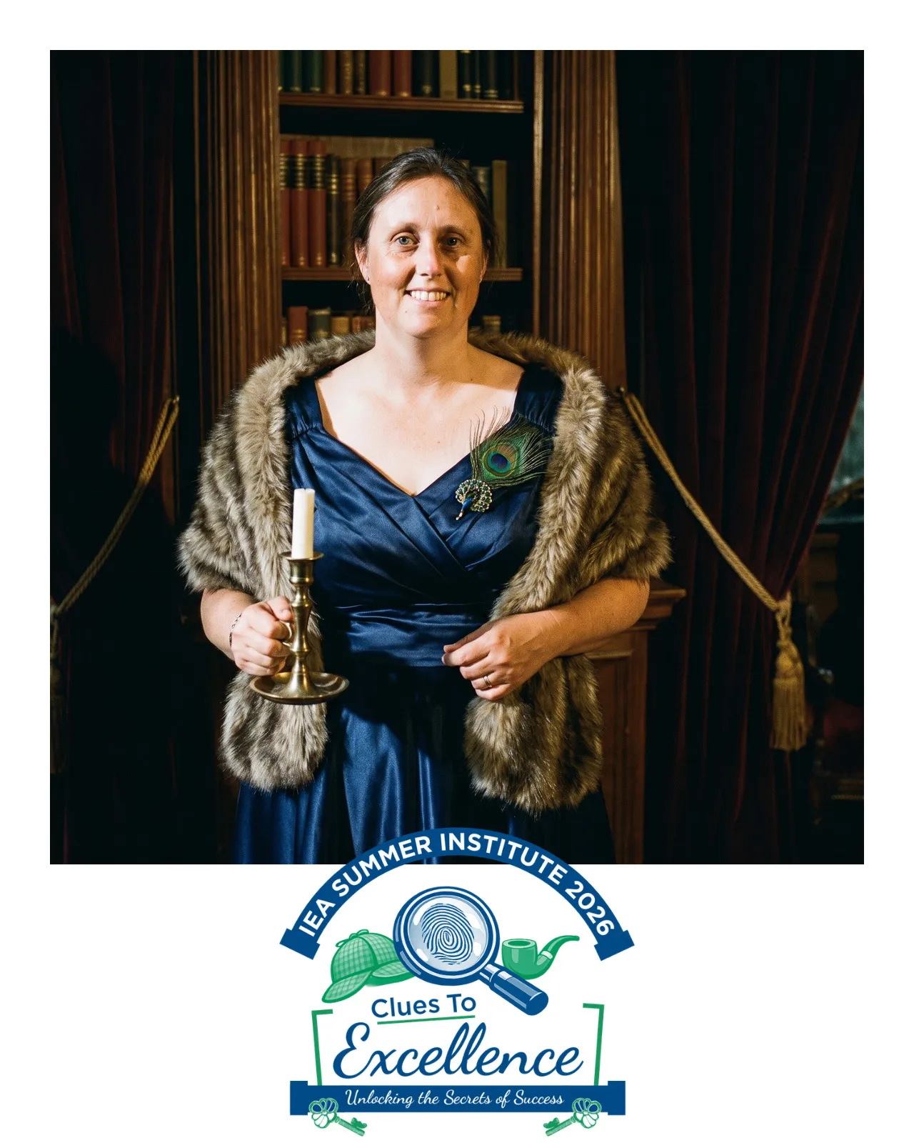 AI-enhanced photo of a woman in a blue satin dress and fur stole holding a candlestick