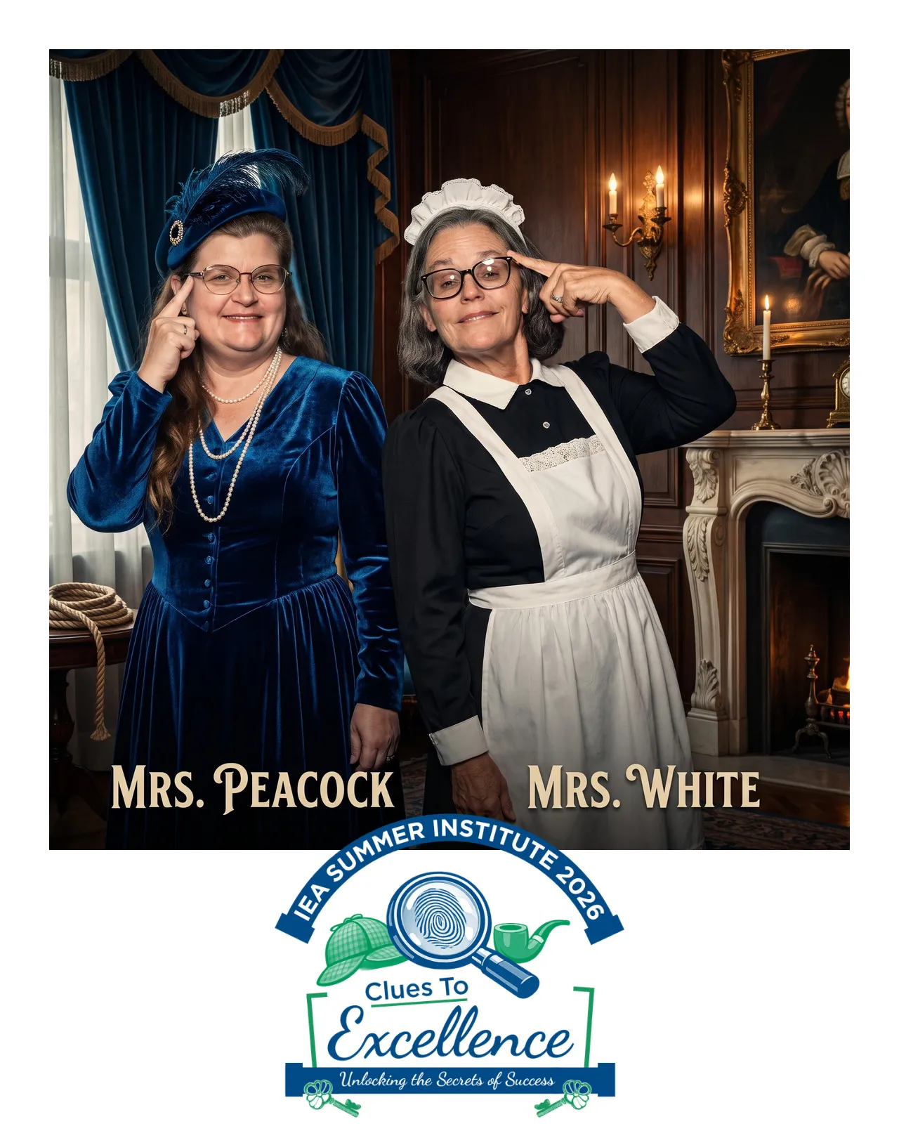 AI-enhanced photo of two women dressed as Clue characters