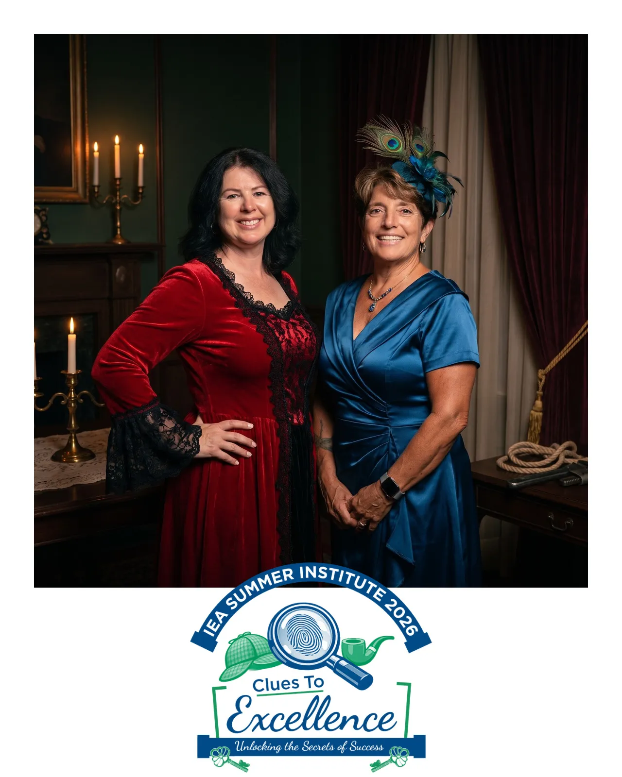 AI-enhanced photo of two women dressed as Clue characters