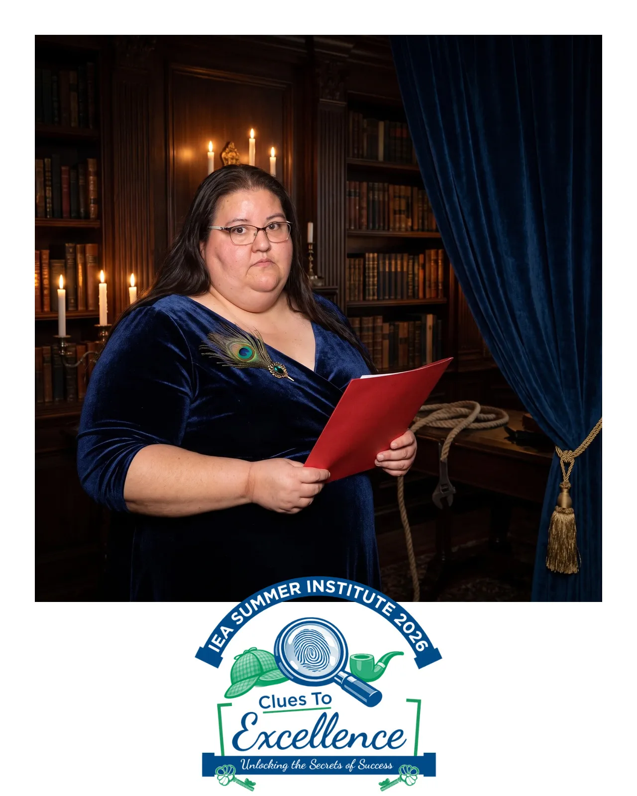 AI-enhanced photo of a woman in a blue velvet dress