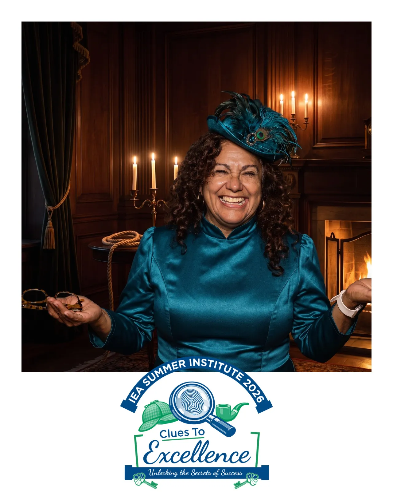 AI-enhanced photo of a smiling woman in a teal dress and matching hat