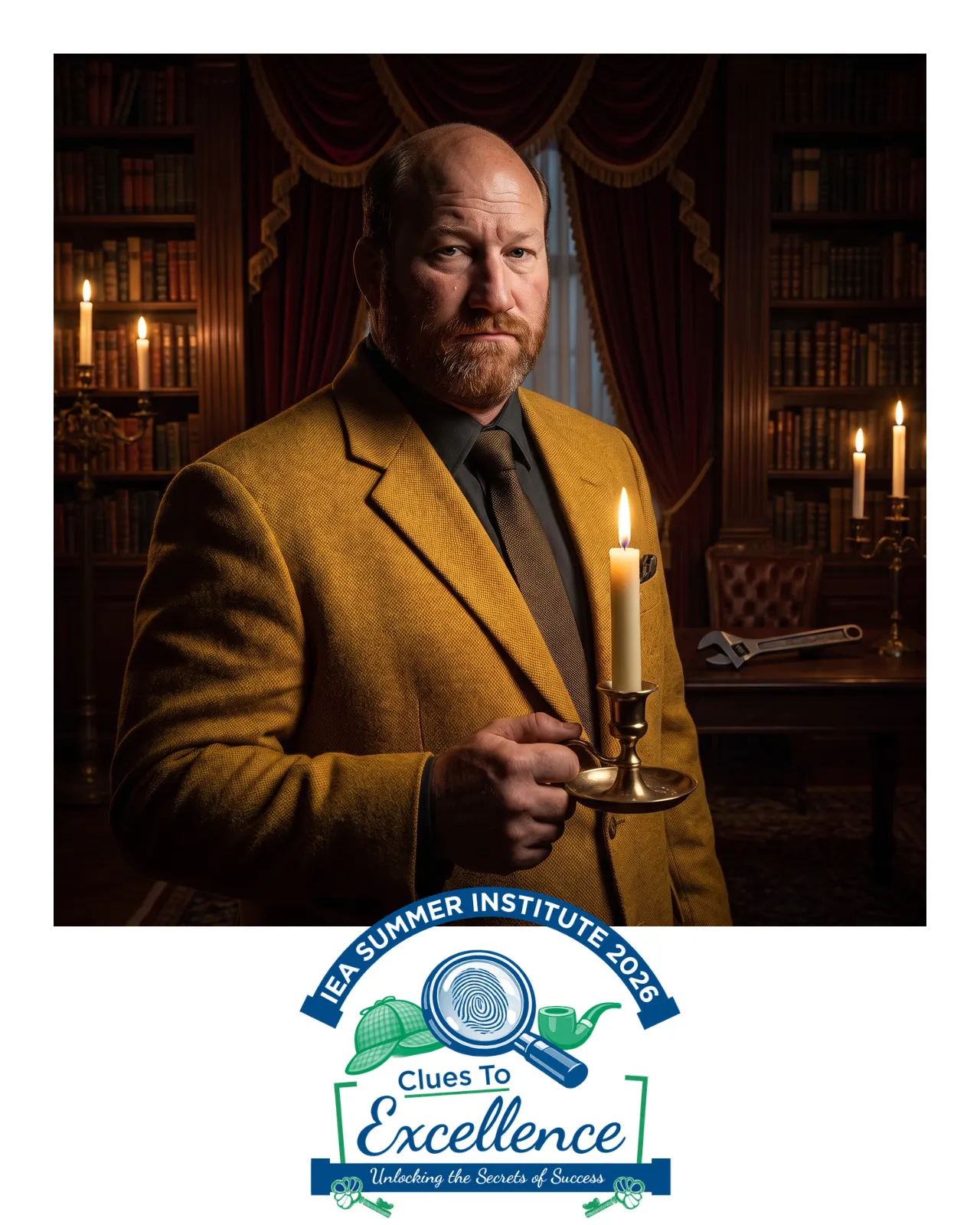 AI-enhanced photo of a man in a mustard sport coat holding a candle