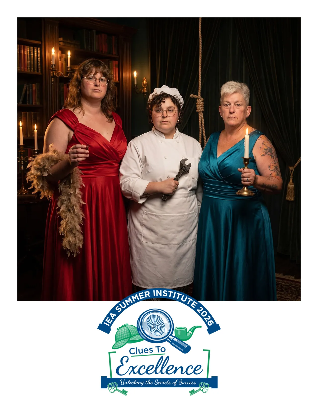 AI-enhanced photo of three women dressed as Clue characters