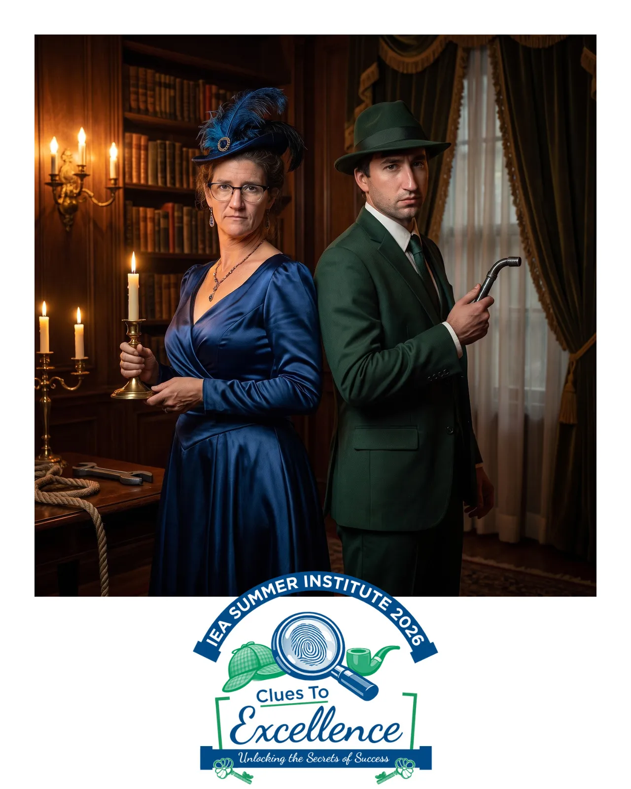 AI-enhanced photo of a woman in a blue dress and a man in a green suit and hat