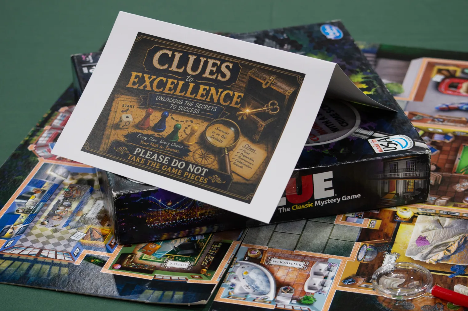 A collection of board games on a green background with a sign that says "Clues to Excellence"