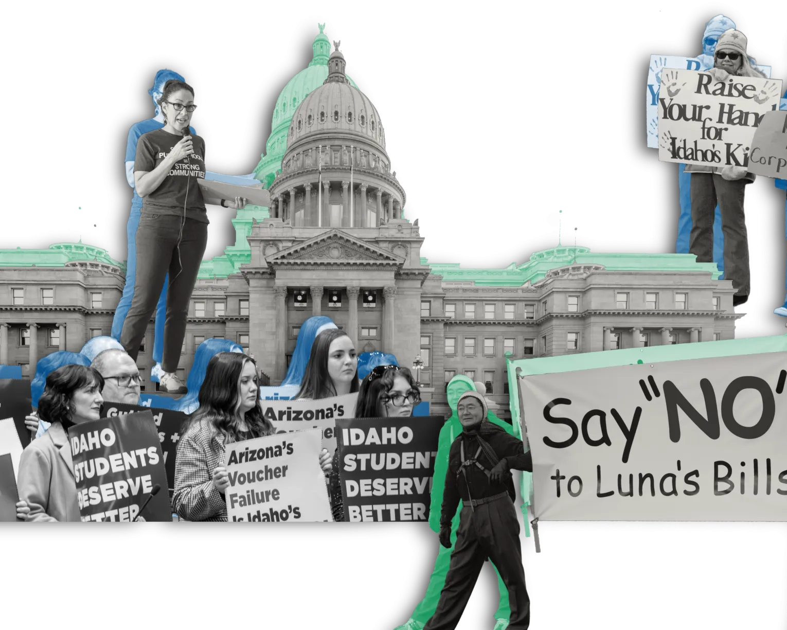 A collage of action images with colored backgrounds, including the Idaho State Capitol, educators at a rally, etc. 