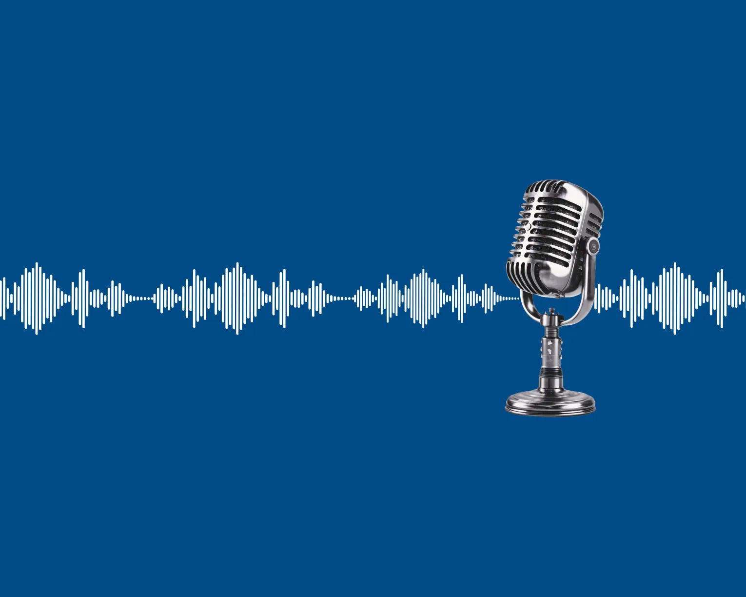 A podcast microphone with audio waves in the background.