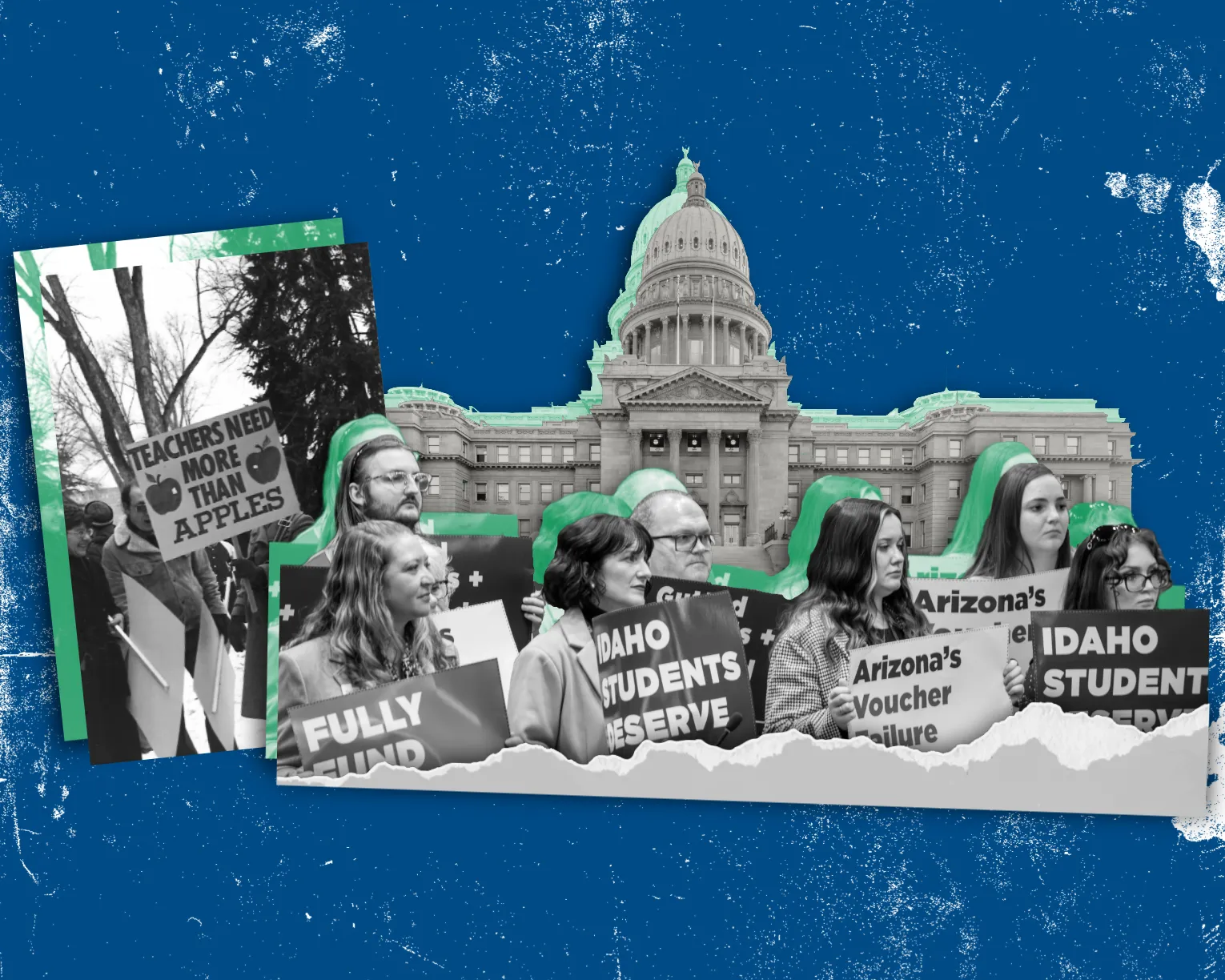 Collage of photos with people holding signs, capitol building, star bursts, etc.