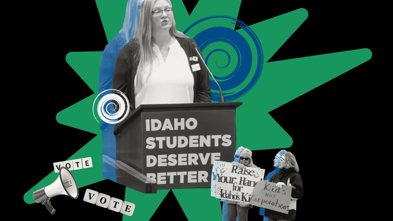 A graphic collage in blue and green