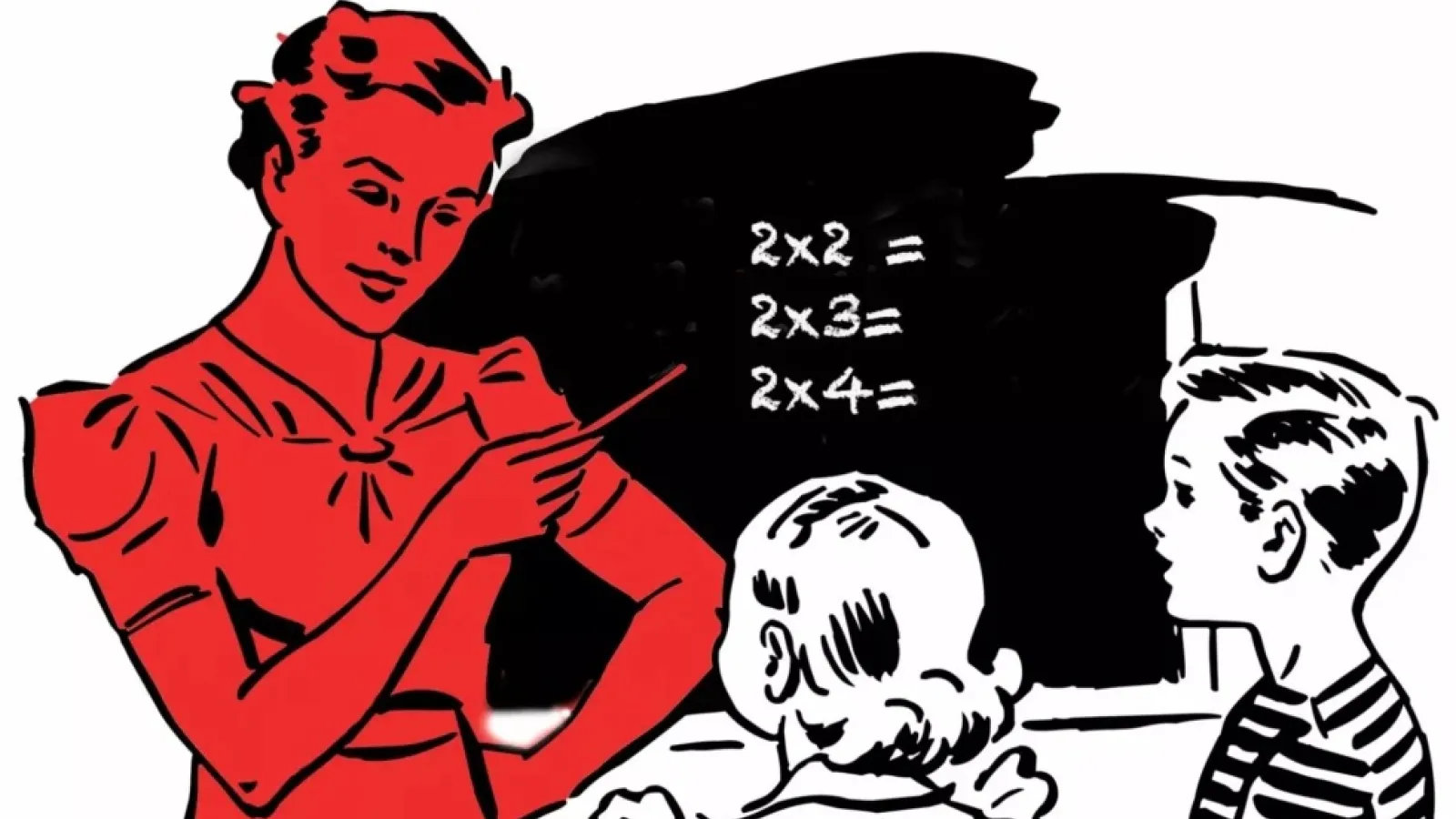 A 1950s-style illustration of a teacher explaining math to a boy and girl