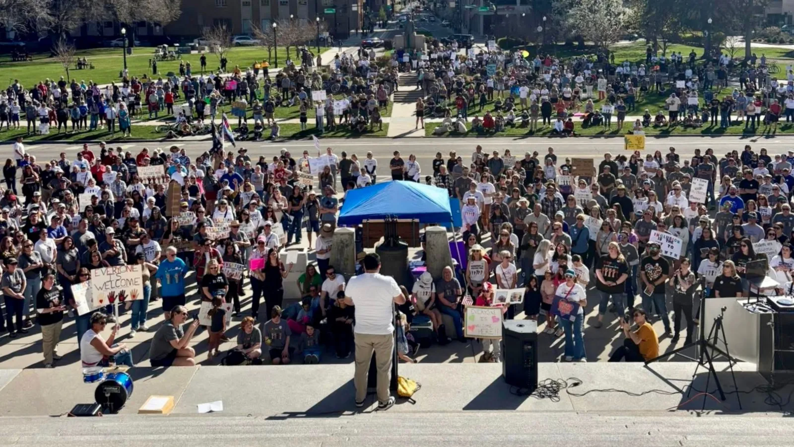 Over a thousand Idahoans rallying on the steps of the state Capitol in April 2024 to show support for a teacher who was asked to remove signs that said "Everyone is welcome here" in her classroom.