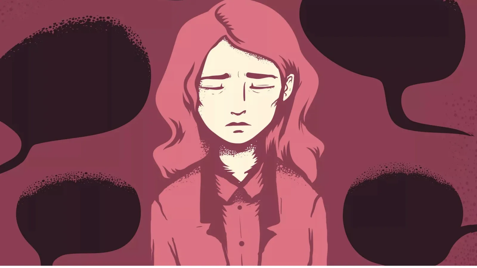 An illustration of a downcast woman surrounded by chat bubbles