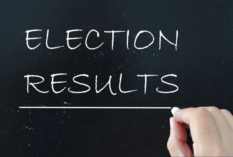  stock photo of a hand writing ELECTION RESULTS on a chalkboard