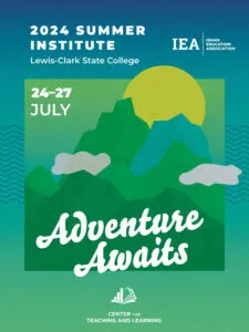 A blue and green illustration of mountains and the sun with the words "Adventure Awaits"