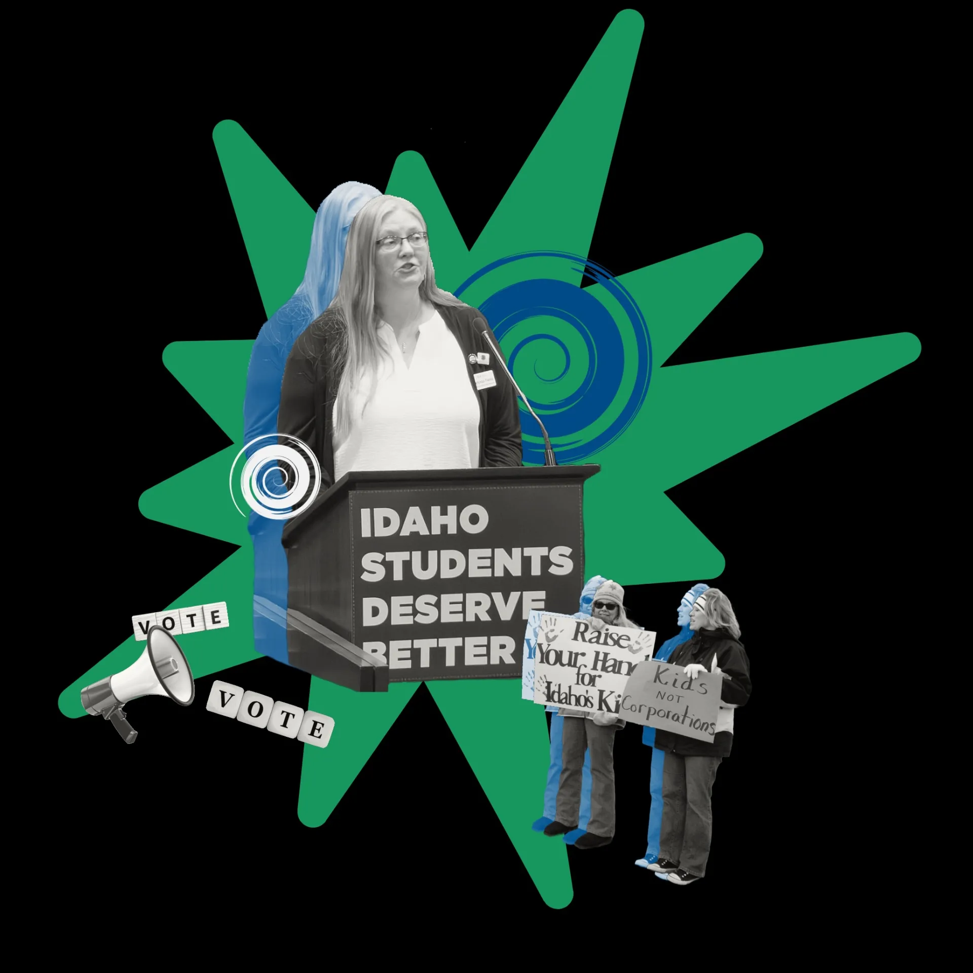 A graphic collage in blue and green