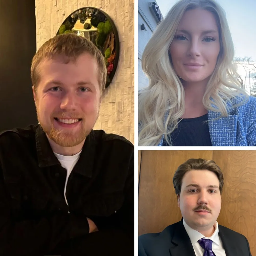 A collage of two men and one woman