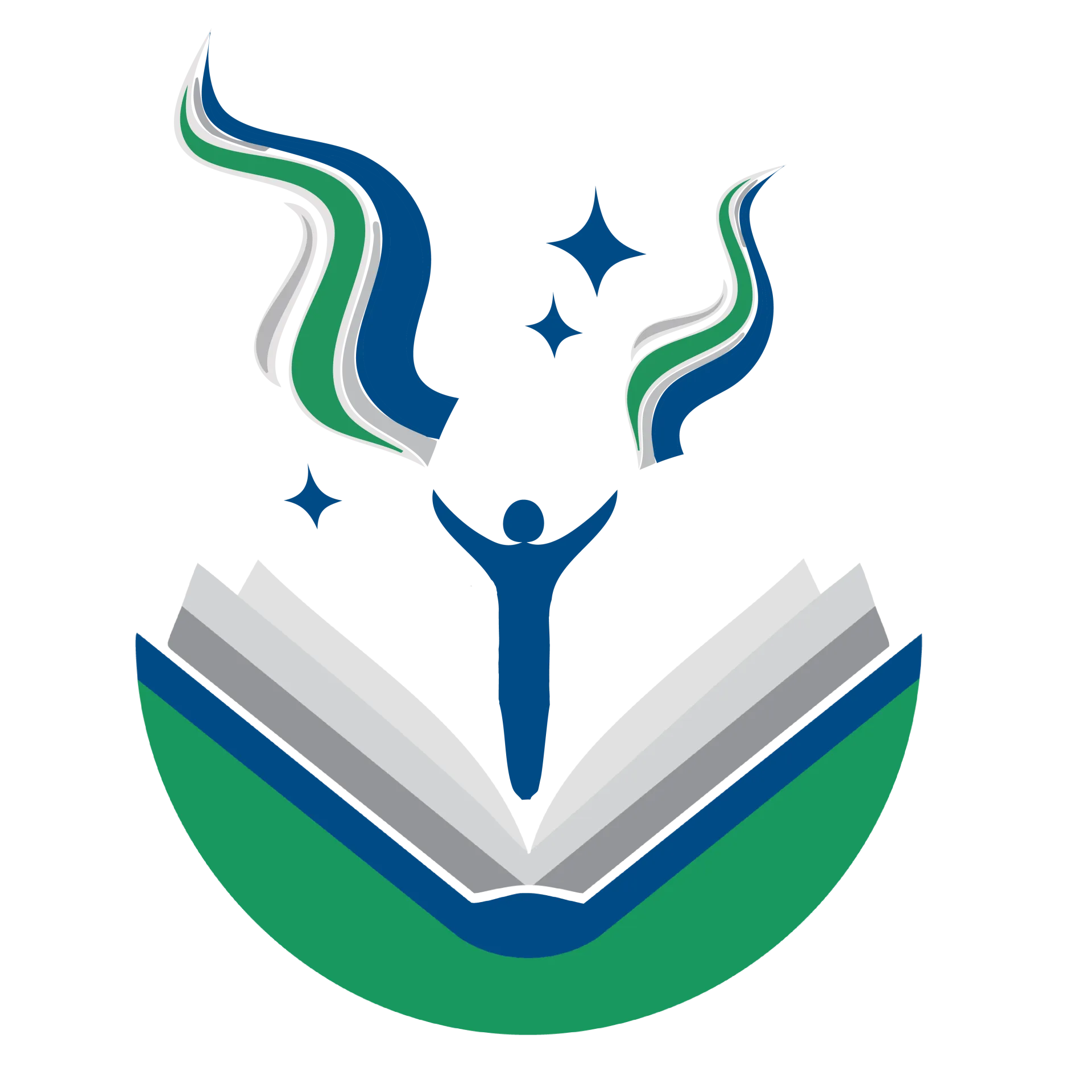 A graphic illustration of a blue figure emerging from a book