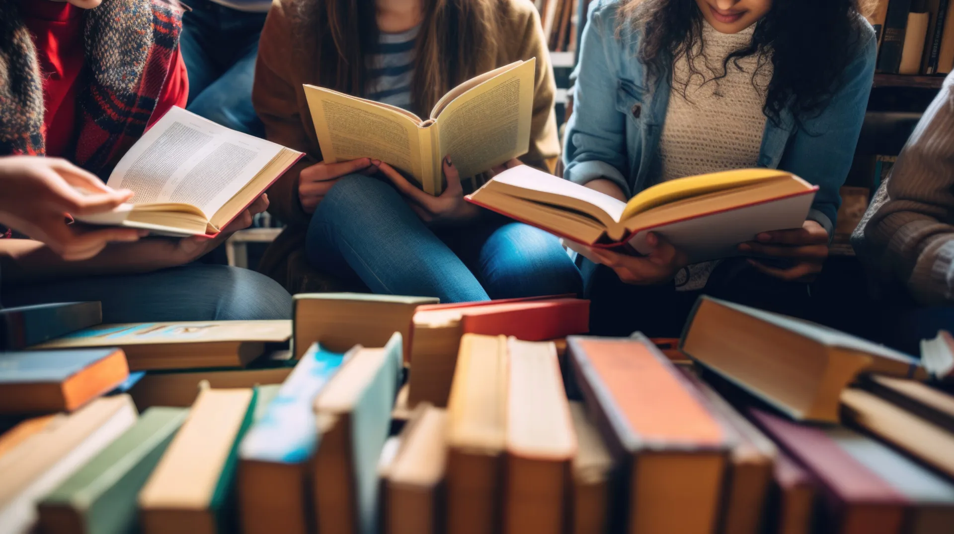 A stock photo of three young women reading among a pile of books