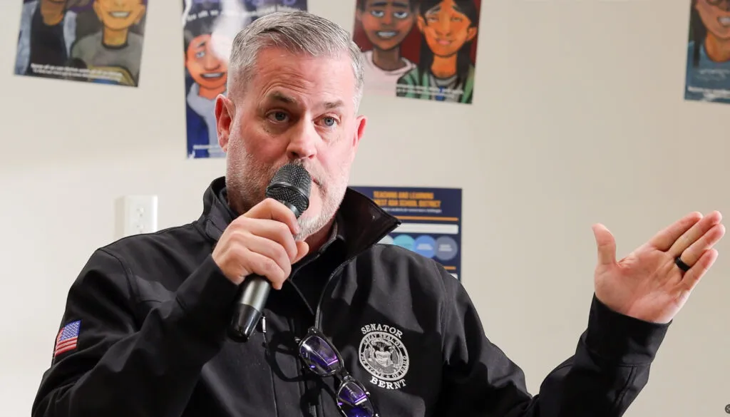 Idaho State Senator Treg Bernt addresses the crowd