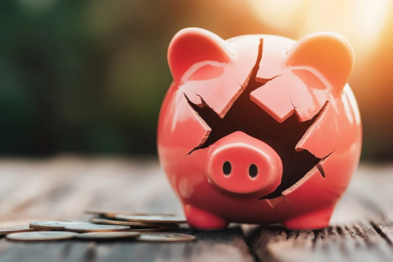 Piggy bank is cracked and broken, money lies around it. 