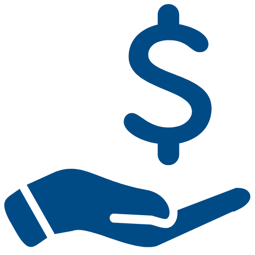 An illustrated blue hand is outstretched. A blue dollar sign hovers above the hand.