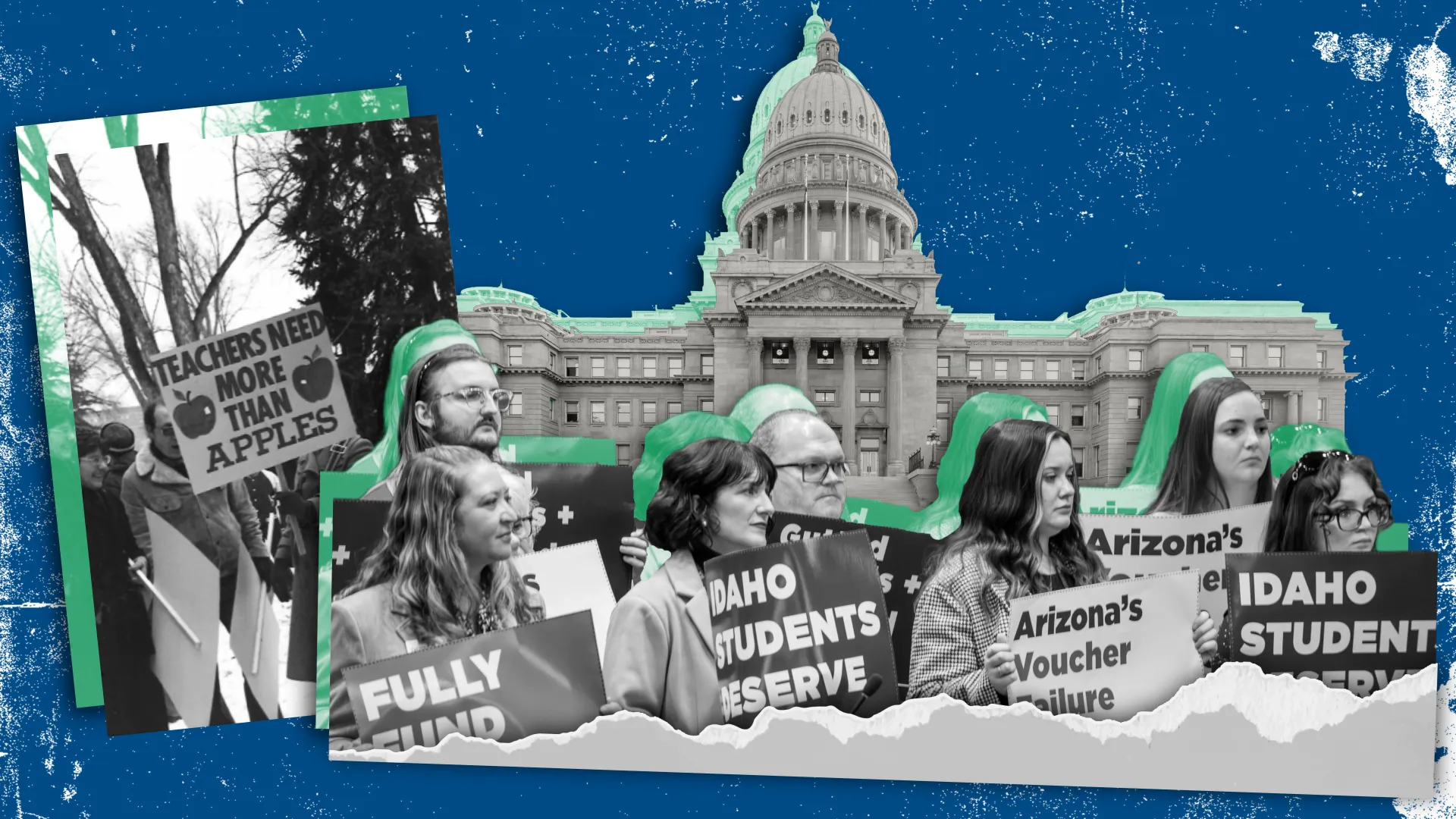 Collage featuring people holding signs, capitol building on a distressed blue background.