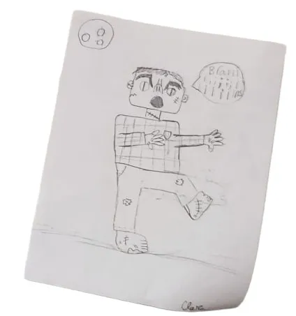 A child's drawing of a zombie