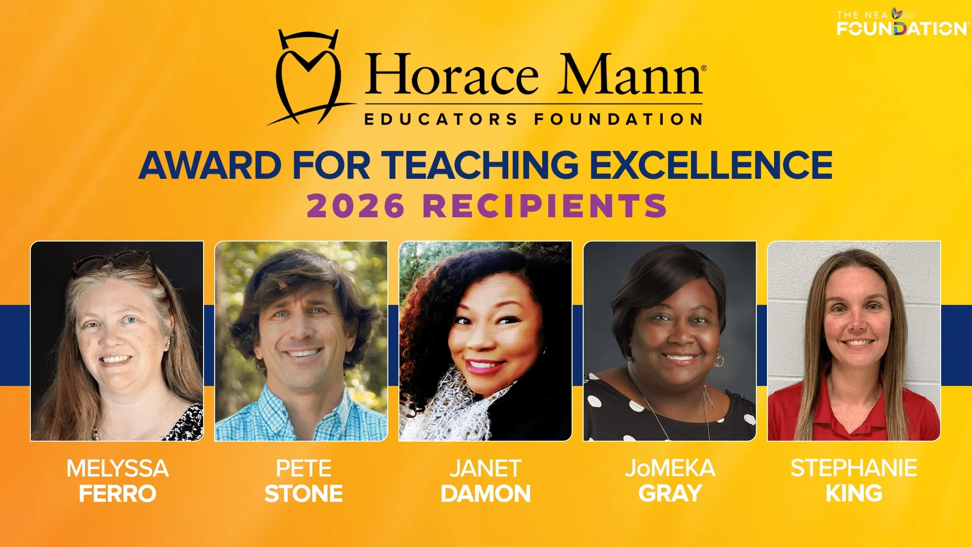 A graphic of the Horace Mann Award for Teaching Excellence 2026 recipients