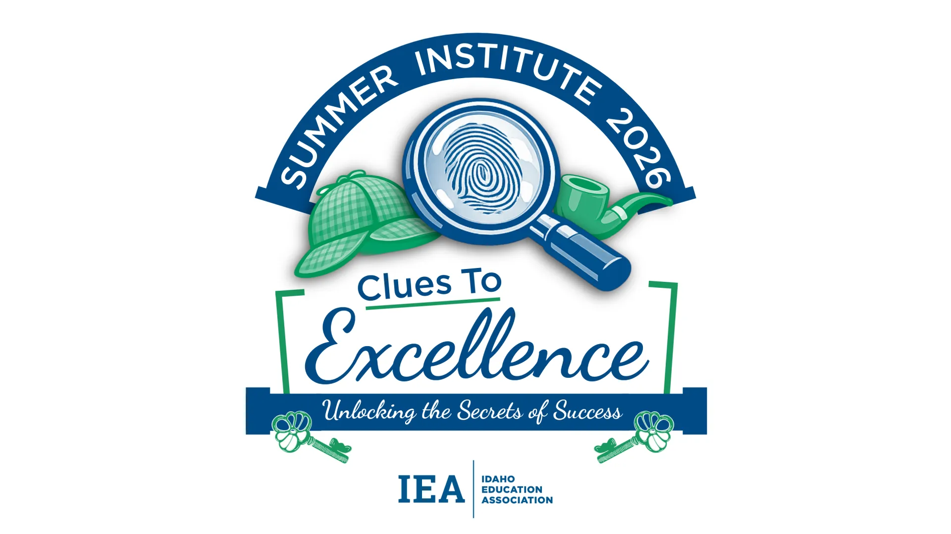 Summer Institute logo with a magnifying glass, hat, and other art.