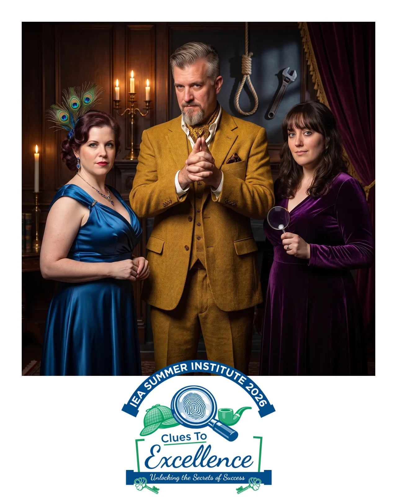 AI-enhanced photo of a woman in blue satin, a man in a mustard suit, and a woman in a plum dress