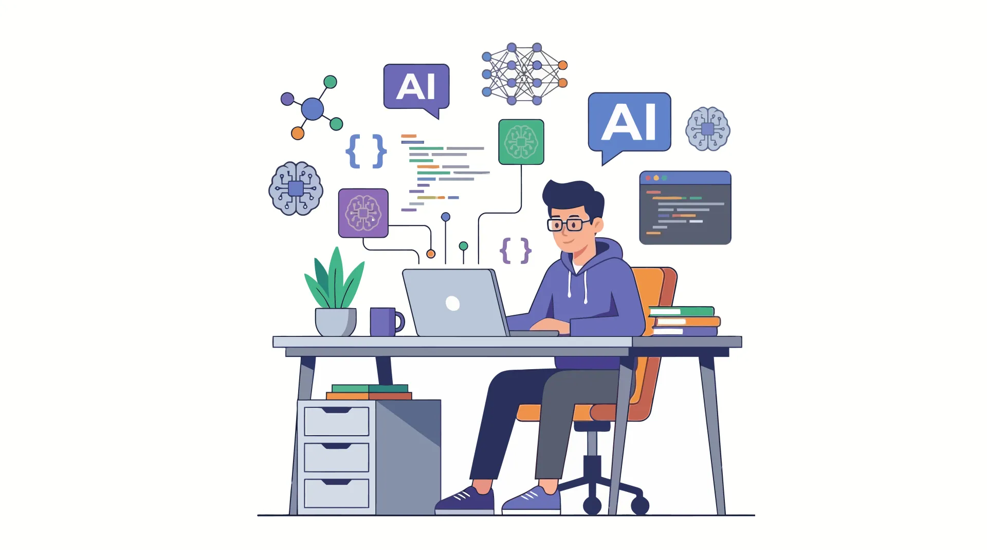 A graphic illustration of a student using a computer