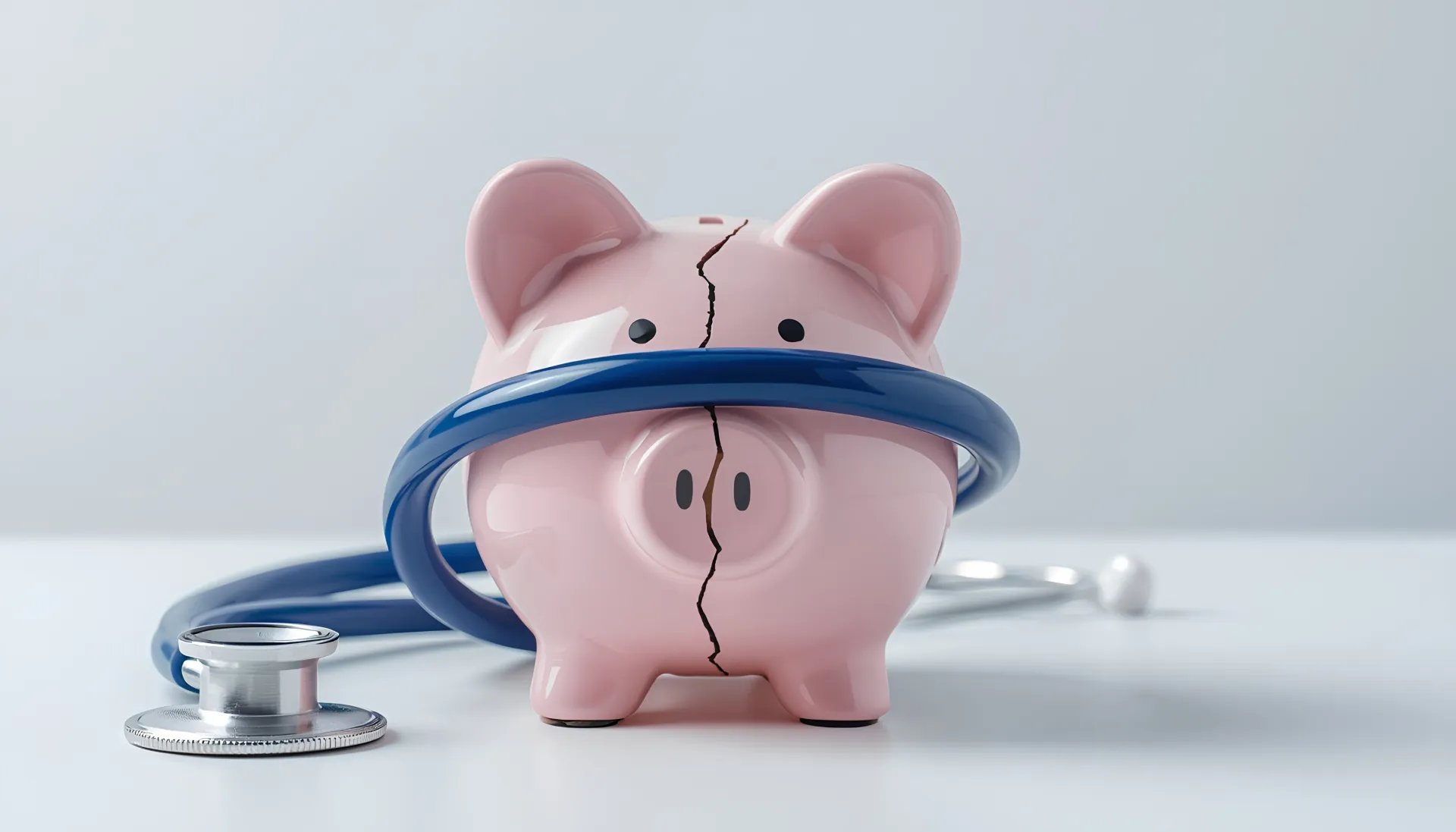 An image of a cracked pink piggy bank encircled by a stethoscope