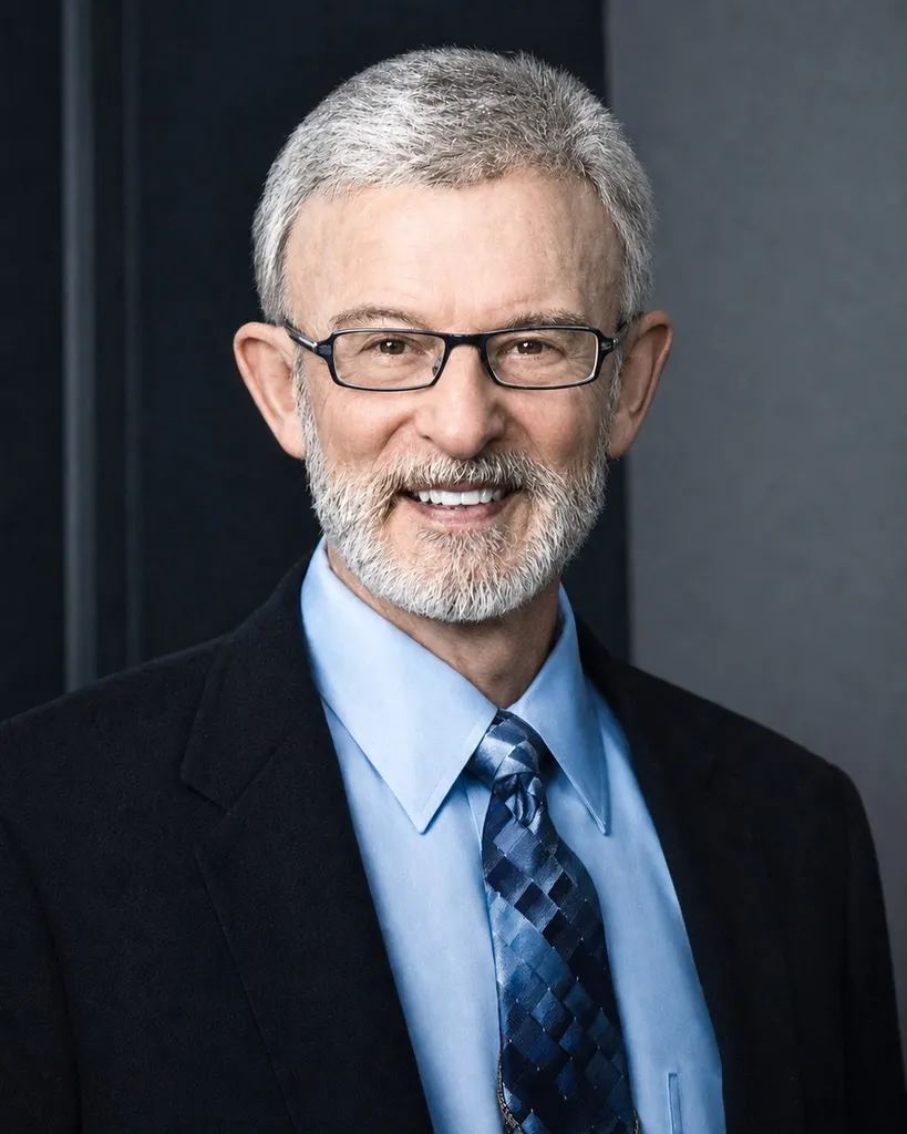 A man with silver hair and beard and glasses smiles at the camera