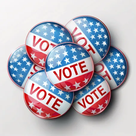 A collection of red-white-and-blue campaign buttons that say VOTE
