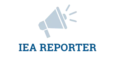 A light blue bullhorn with soundwaves coming from it hovers above all-caps, blue serif text that says "IEA Reporter"