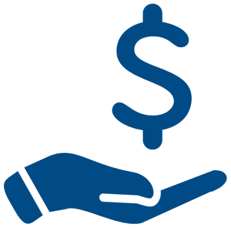 An illustrated blue hand is outstretched. A blue dollar sign hovers above the hand.