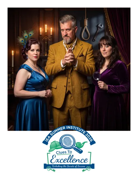 AI-enhanced photo of a woman in blue satin, a man in a mustard suit, and a woman in a plum dress