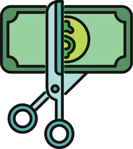 Graphic illustration of scissors cutting a dollar bill in half