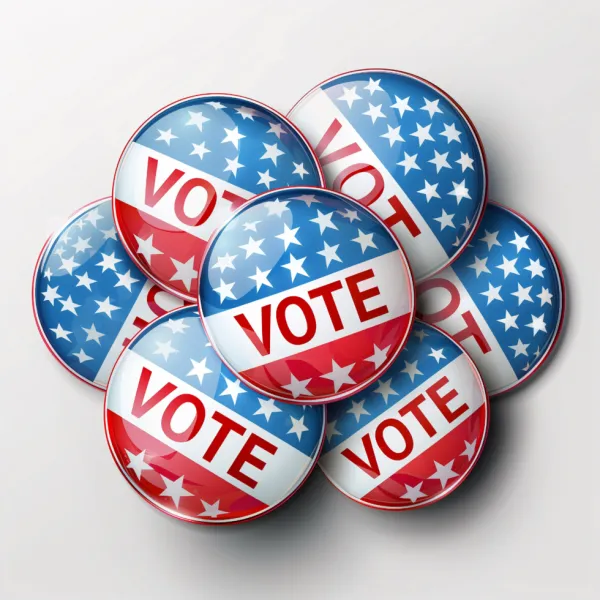 A collection of red-white-and-blue campaign buttons that say VOTE