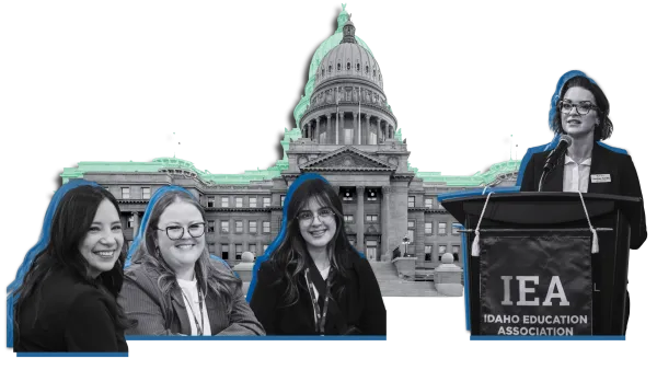 A collage of action images with colored backgrounds, including the Idaho State Capitol, educators at a rally, etc. Transparent background.