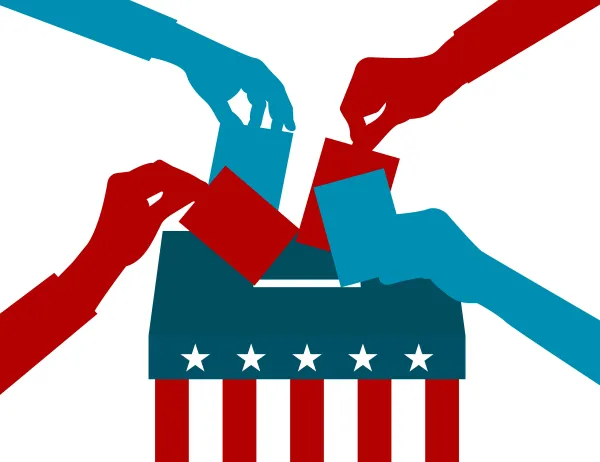 An illustration of red and blue hands putting ballots in a red-white-and-blue box