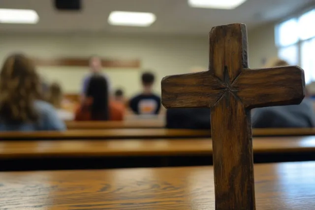 wooden cross is in focus with a group of children in a classroom in the background. 