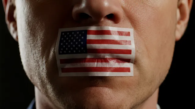 Face and mouth are visible; mouth is taped closed with an american flag sticker. 