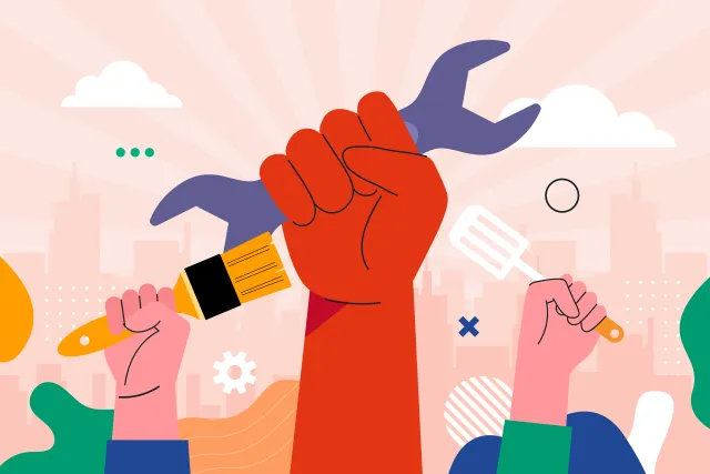 Vector graphic featuring union fists holding tools and paintbrush. 