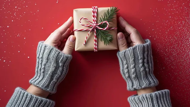A pair of gloved hands hold a small gift wrapped in parchment paper with a red and white twine bow. A small piece of pine is tucked into the twine.