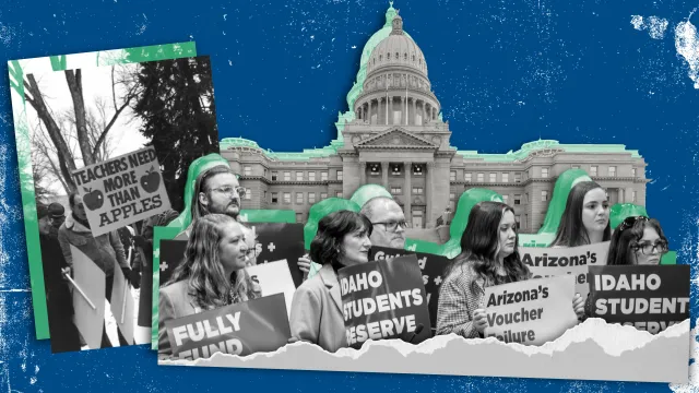 Collage featuring people holding signs, capitol building on a distressed blue background.