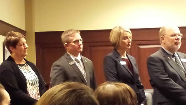 IEA President Penni Cyr is joined by legislators Mat Erpelding, Holli Woodings and Grant Burgoyne at a press conference supporting Pre-K legislation.